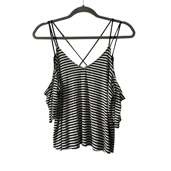 Urban Outfitters | EUC Off Shoulder Short Sleeve Crop Top in Black/White Medium - Picture 1 of 6